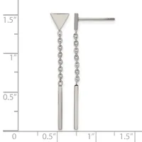 Pair of silver-tone stud earrings with triangular tops, chain drops, and rectangular bar pendants, shown against a measurement scale indicating approximately 1.5 inches in length.