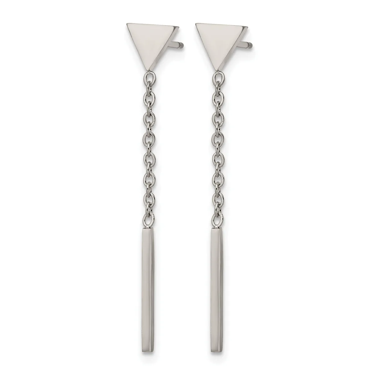 Pair of stainless steel drop earrings with triangular posts at top, delicate chain links descending, and cylindrical bars hanging at the bottom.