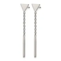 Pair of stainless steel drop earrings with triangular posts at top, delicate chain links descending, and cylindrical bars hanging at the bottom.