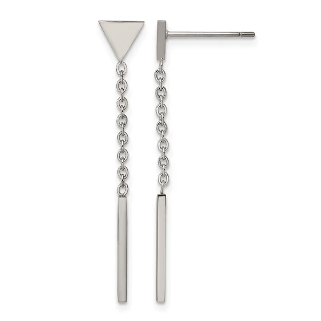 Pair of stainless steel drop earrings with triangular tops, chain links, and cylindrical pendants hanging below.