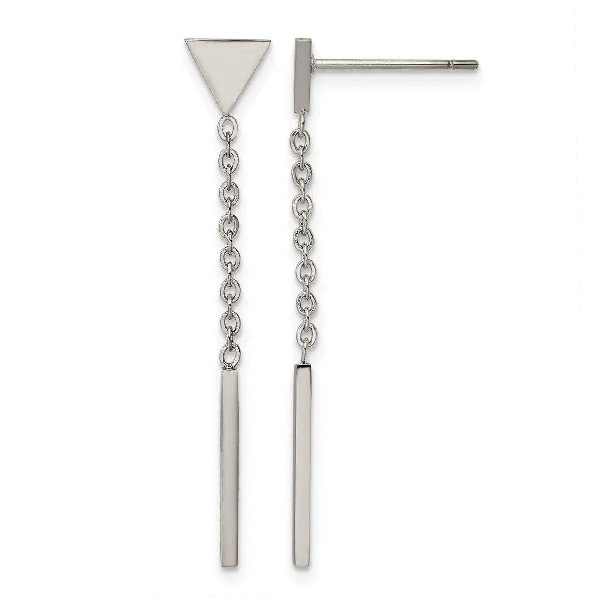 Pair of stainless steel drop earrings with triangular tops, chain links, and cylindrical pendants hanging below.