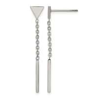 Pair of stainless steel drop earrings with triangular tops, chain links, and cylindrical pendants hanging below.