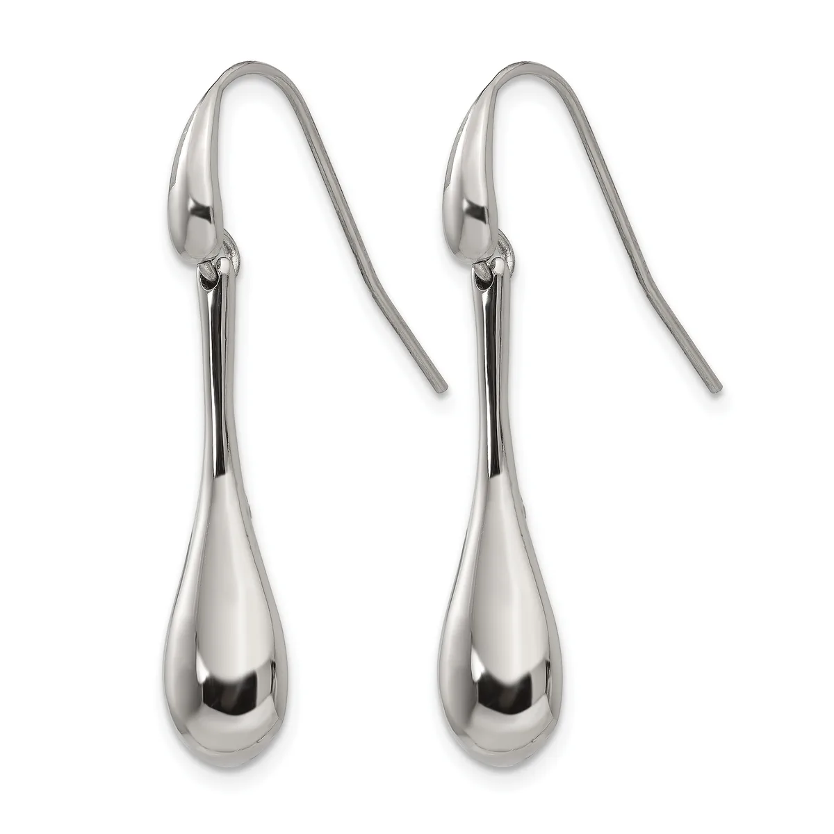 A pair of polished silver teardrop earrings with hook-style ear wires displayed against a white background.