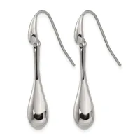 A pair of polished silver teardrop earrings with hook-style ear wires displayed against a white background.