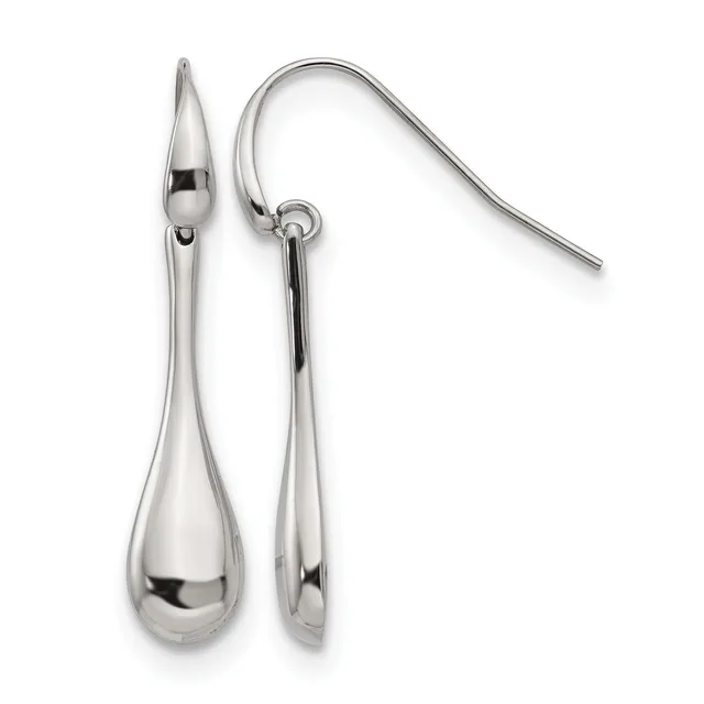 A pair of polished silver teardrop earrings with fish hook wires displayed against a white background.
