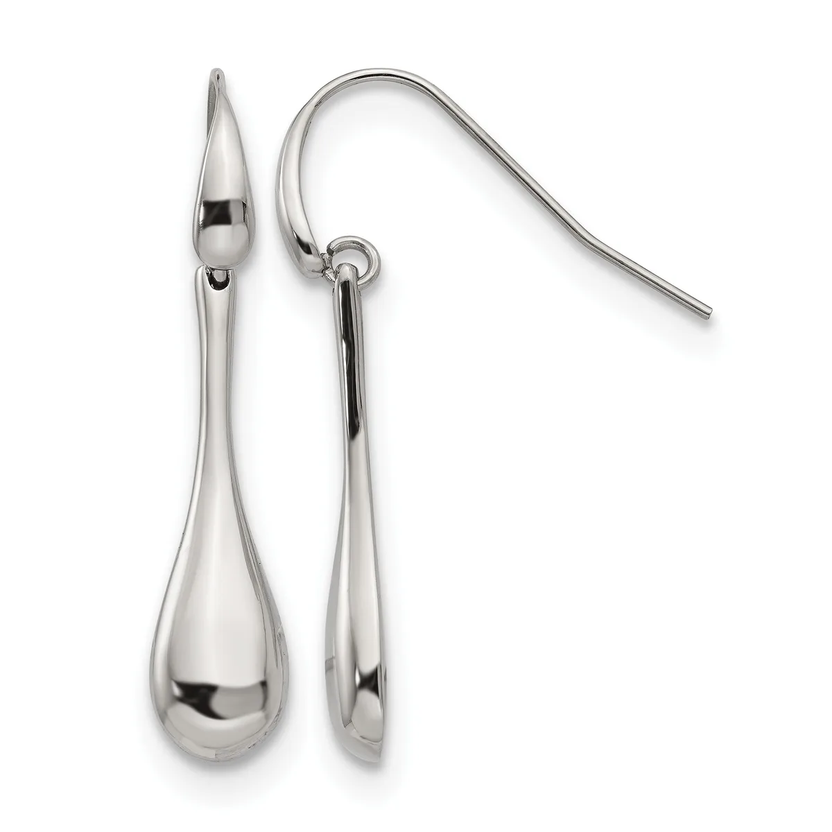 A pair of polished silver teardrop earrings with fish hook wires displayed against a white background.