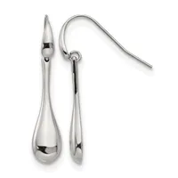 A pair of polished silver teardrop earrings with fish hook wires displayed against a white background.