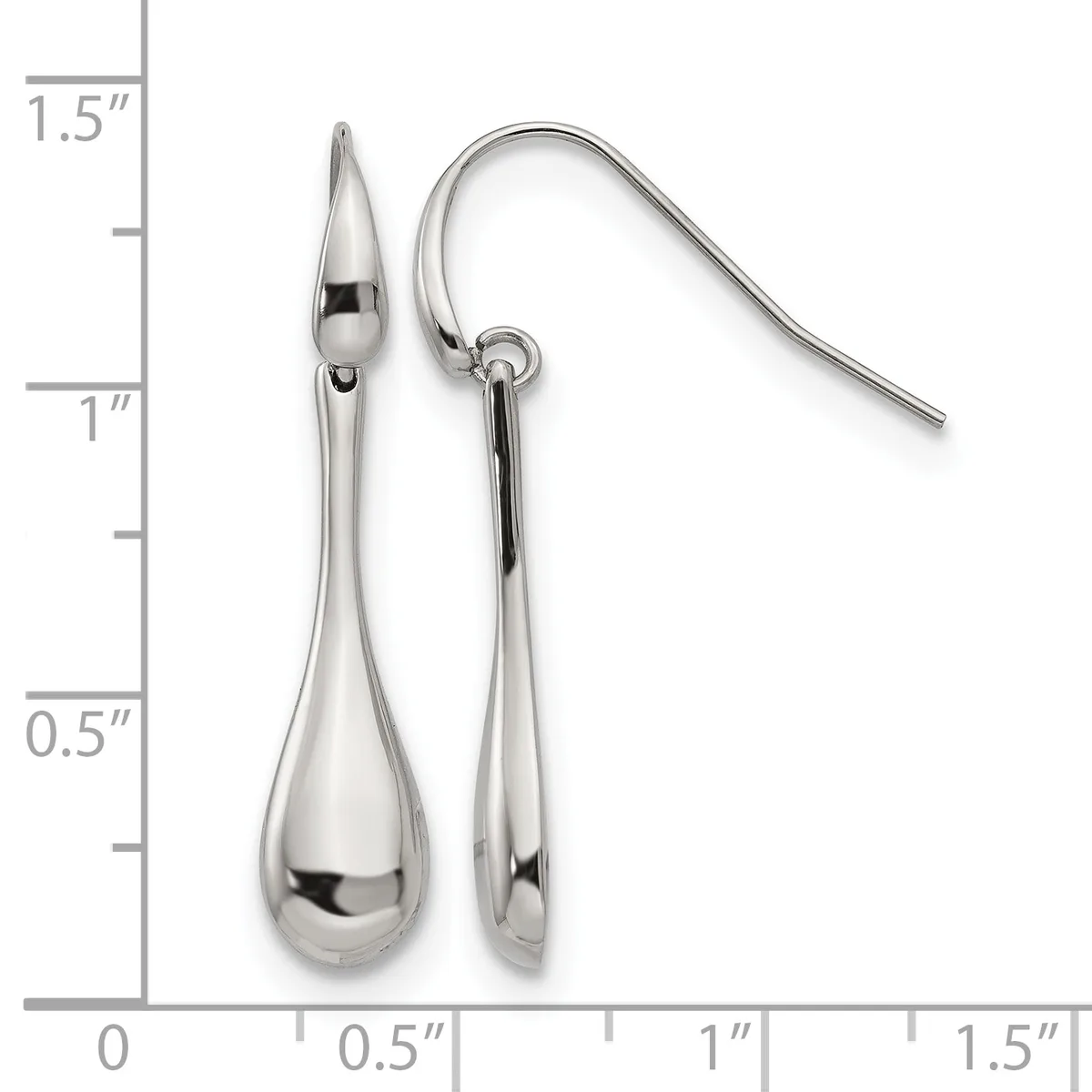 A pair of polished silver teardrop earrings with French wire hooks, displayed against a measurement scale showing approximately 1.5 inches in length.