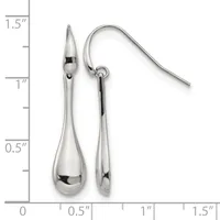 A pair of polished silver teardrop earrings with French wire hooks, displayed against a measurement scale showing approximately 1.5 inches in length.