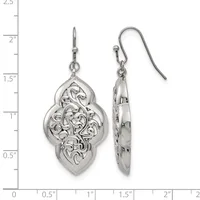 A pair of silver filigree dangle earrings with ornate quatrefoil pendants shown front and side view against a measurement scale.