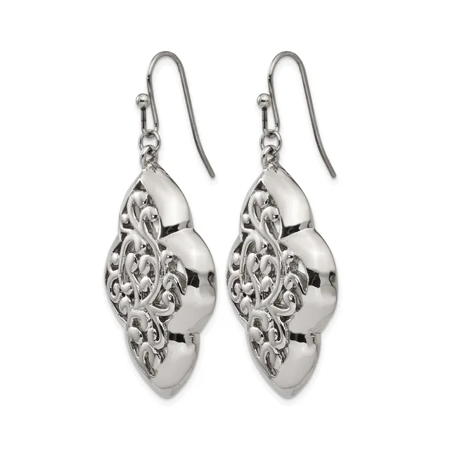 A pair of silver teardrop earrings with ornate filigree detailing and French wire hooks.