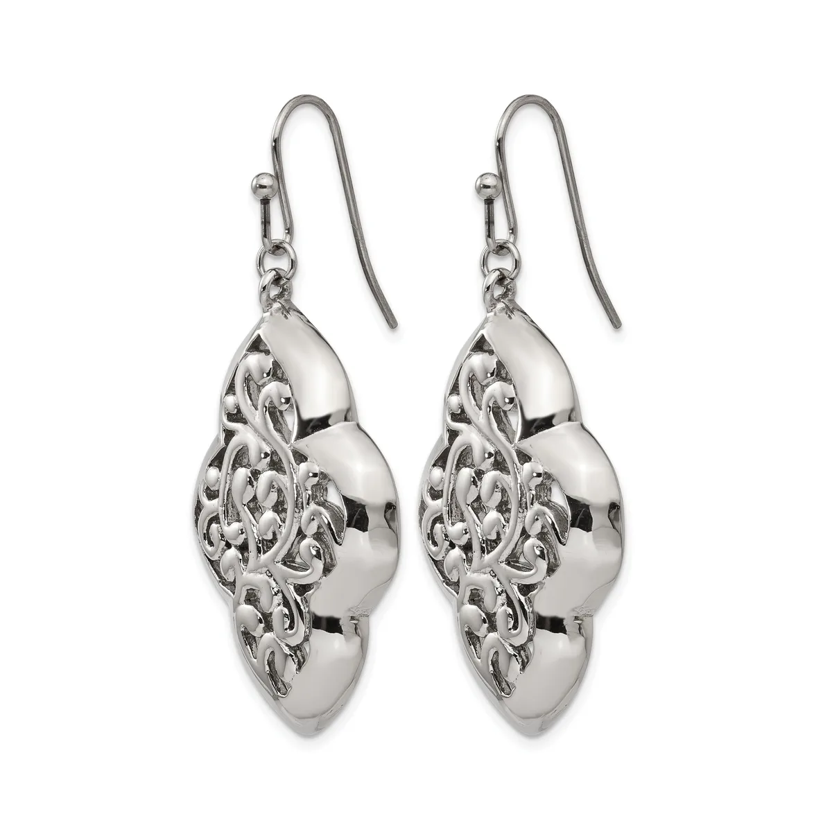A pair of silver teardrop earrings with ornate filigree detailing and French wire hooks.