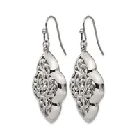 A pair of silver teardrop earrings with ornate filigree detailing and French wire hooks.