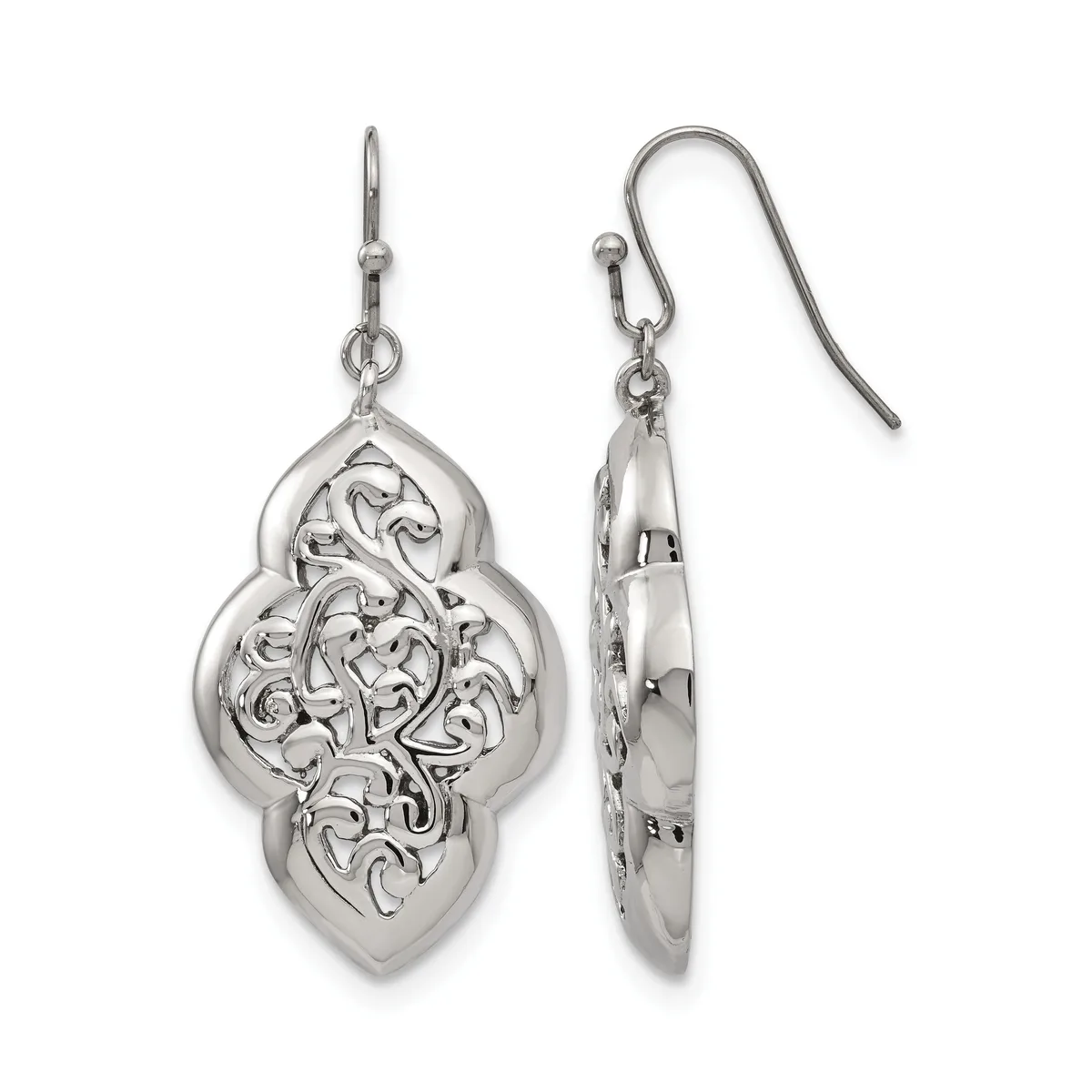 Pair of ornate silver drop earrings with filigree detailing and fish hook closures, shown from front and side views.