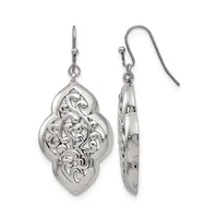 Pair of ornate silver drop earrings with filigree detailing and fish hook closures, shown from front and side views.