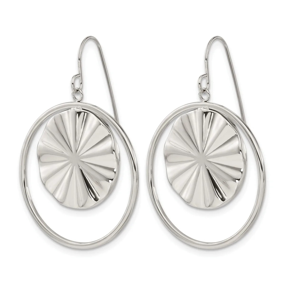 Pair of silver drop earrings with oval outer rings and circular inner discs featuring radiating line patterns, suspended from wire hooks.