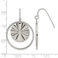 Pair of silver dangle earrings with circular outer rings and fan-textured disc pendants, shown on a measurement scale indicating approximately 1.5 inches in length.