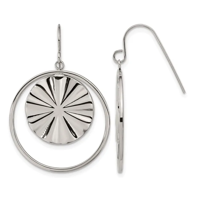 Pair of silver-tone dangle earrings with concentric circular design, featuring a fluted disc suspended within a larger ring, shown from front and side views.