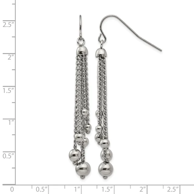 Pair of silver-toned dangle earrings with chain fringe and beaded accents, displayed against a ruler showing approximately two inches in length.