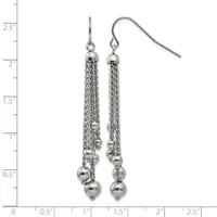 Pair of silver-toned dangle earrings with chain fringe and beaded accents, displayed against a ruler showing approximately two inches in length.