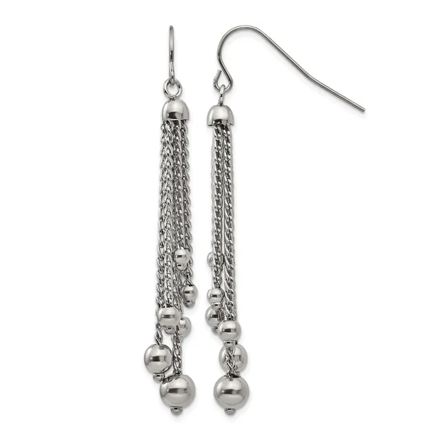 Pair of silver-tone dangle earrings with chain strands and small spherical beads, displayed on a white background.