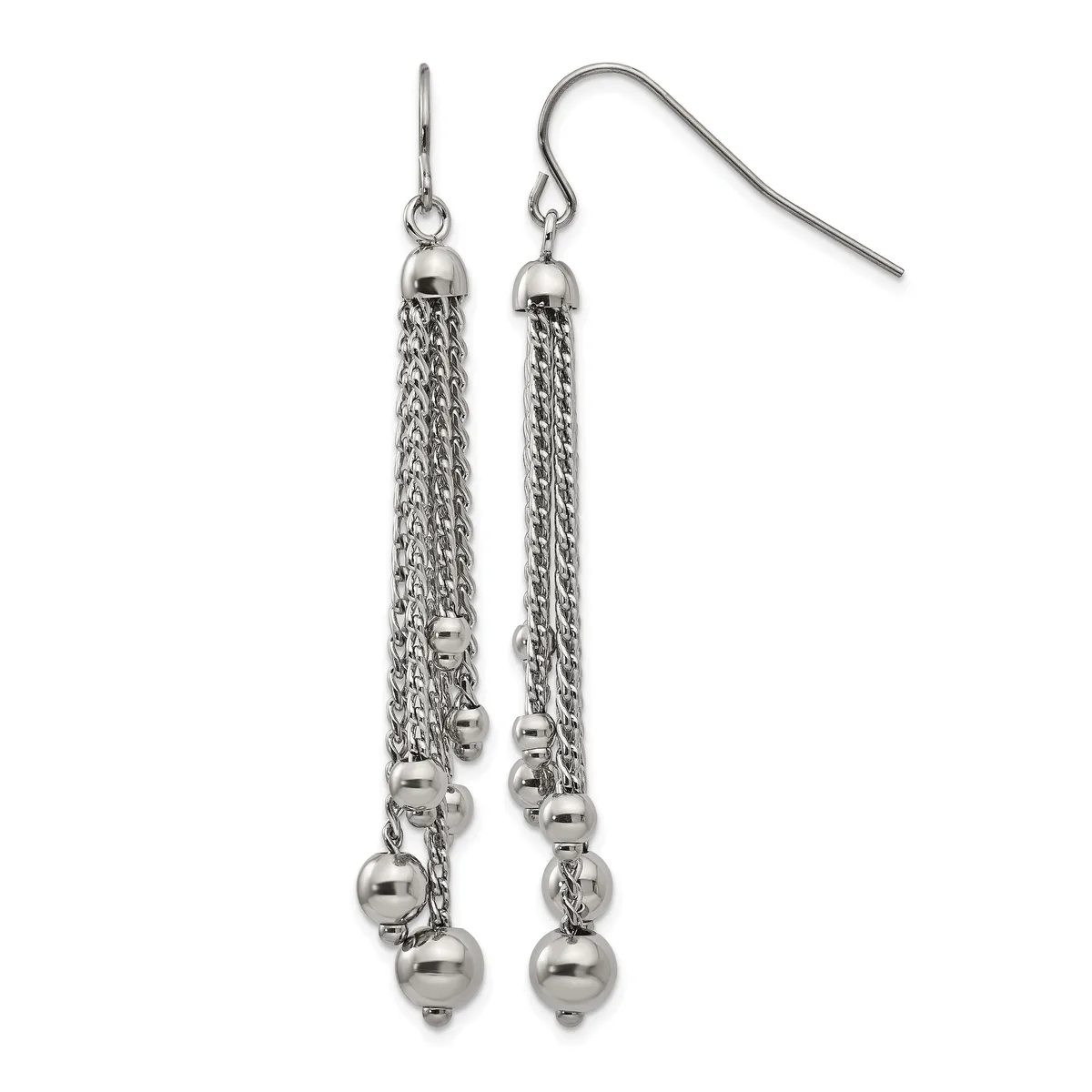 Pair of silver-tone dangle earrings with chain strands and small spherical beads, displayed on a white background.