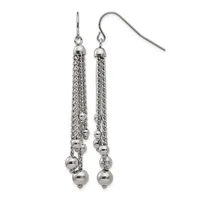 Pair of silver-tone dangle earrings with chain strands and small spherical beads, displayed on a white background.