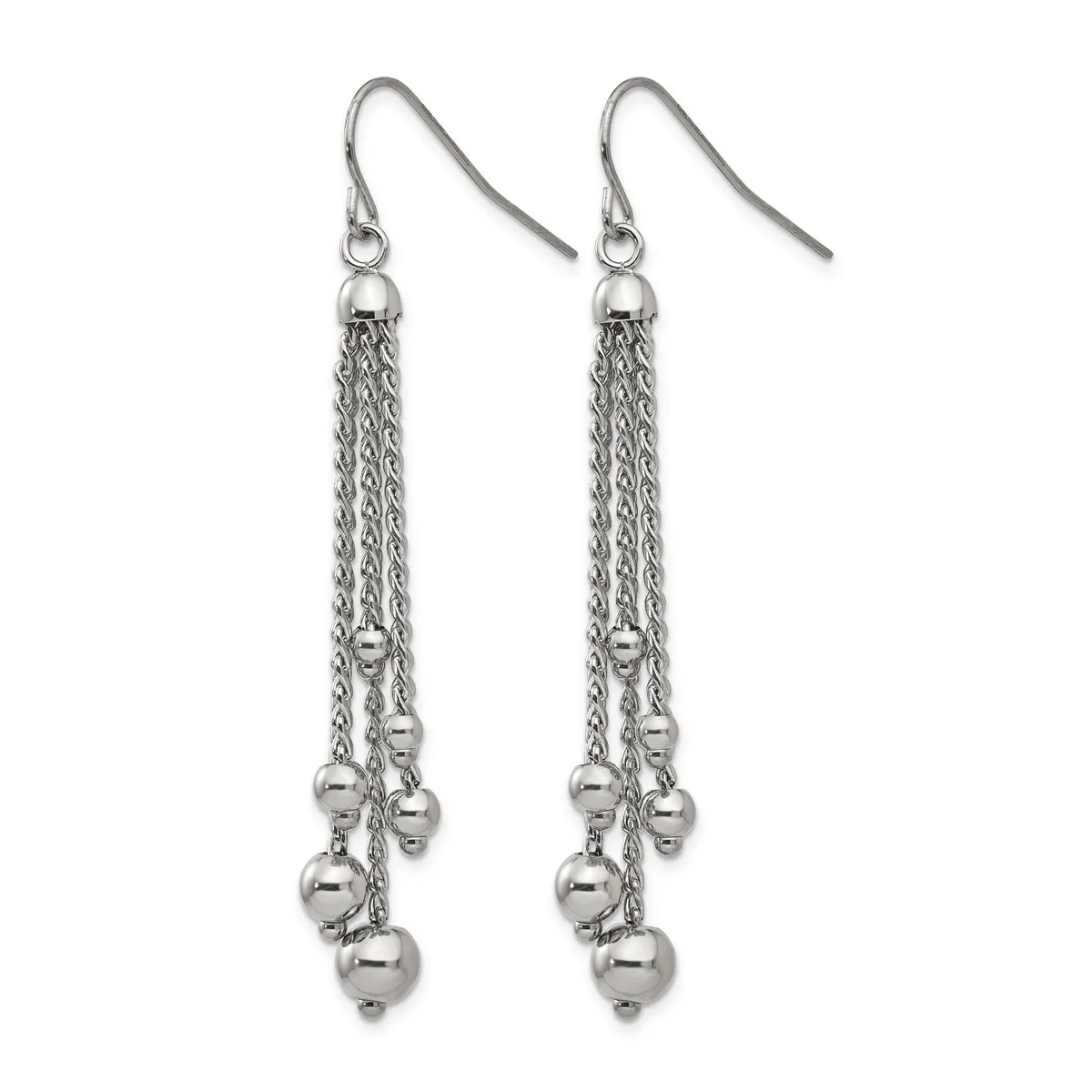 Pair of silver-toned dangle earrings with fish hook wires, featuring multiple chain strands with small spherical beads hanging from each strand.