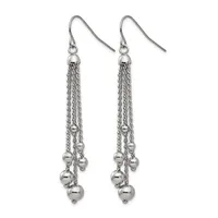 Pair of silver-toned dangle earrings with fish hook wires, featuring multiple chain strands with small spherical beads hanging from each strand.