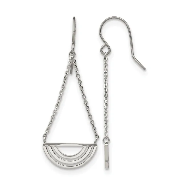Pair of silver-toned dangle earrings with chain straps connected to curved half-moon shaped pendants, shown on white background.