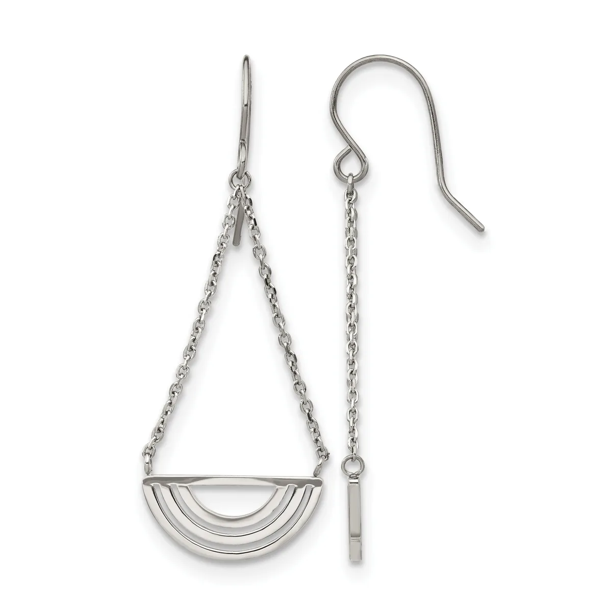 Pair of silver-toned dangle earrings with chain straps connected to curved half-moon shaped pendants, shown on white background.