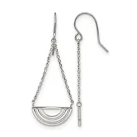 Pair of silver-toned dangle earrings with chain straps connected to curved half-moon shaped pendants, shown on white background.