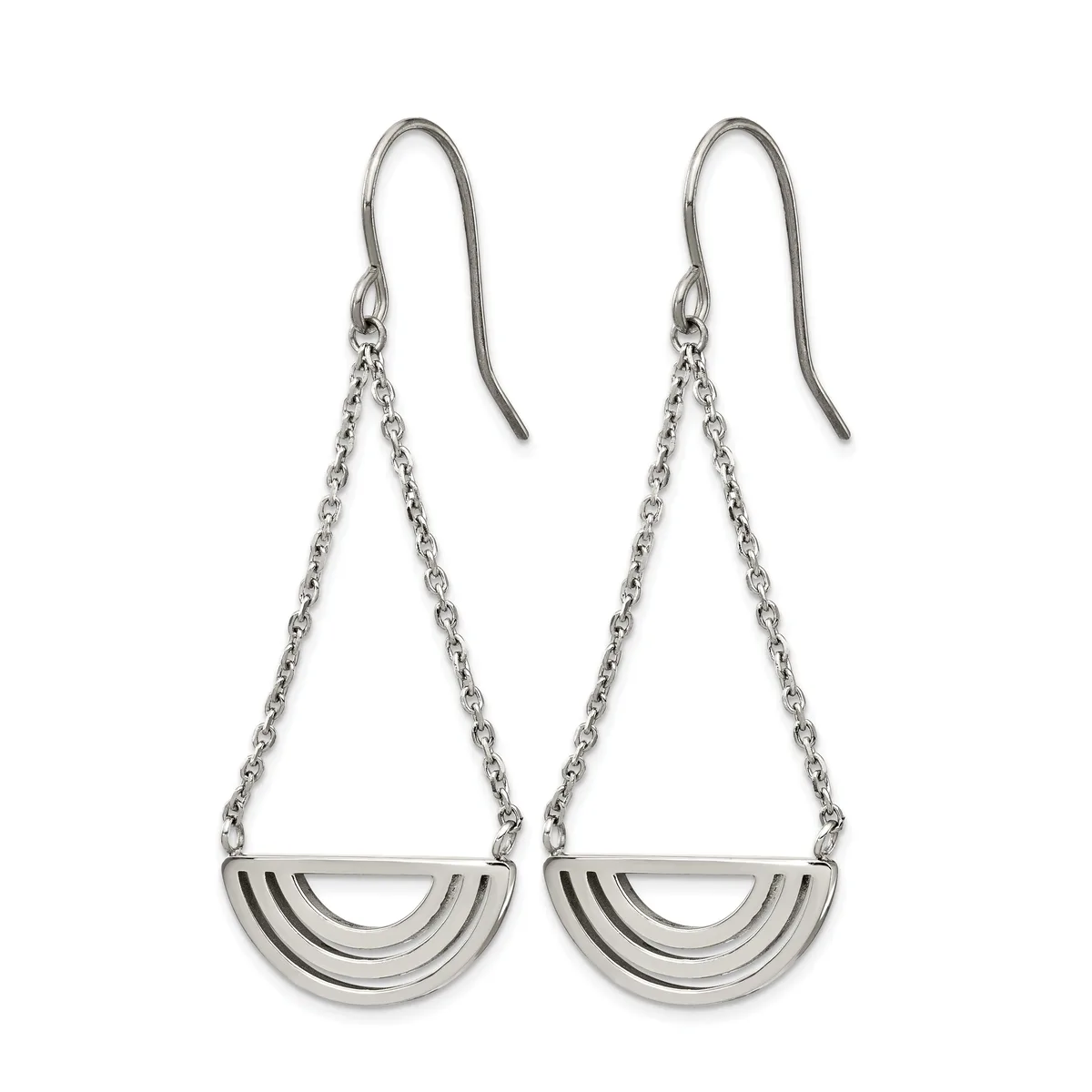A pair of silver-toned fish hook earrings with delicate chain strands suspending semicircular pendant charms featuring three curved ridges.