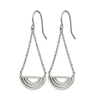 A pair of silver-toned fish hook earrings with delicate chain strands suspending semicircular pendant charms featuring three curved ridges.