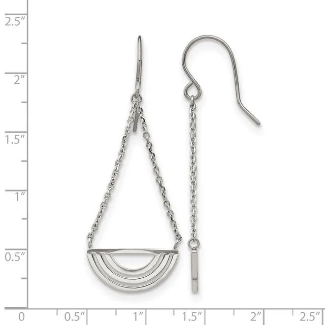A pair of silver-toned dangle earrings with chain strands suspending a curved semi-circular pendant, displayed against a measurement scale.