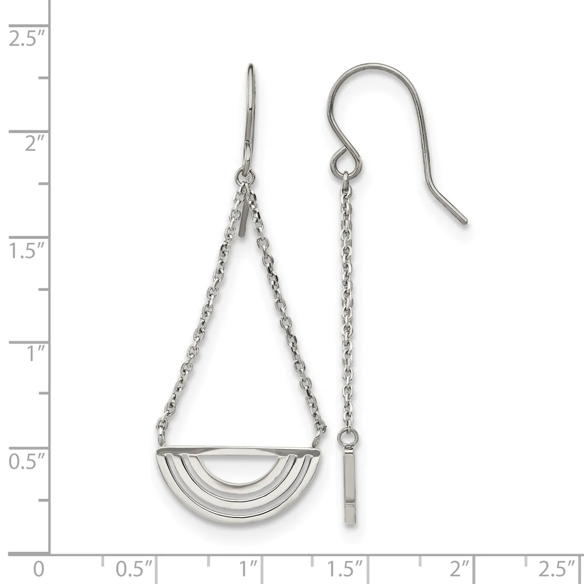 A pair of silver-toned dangle earrings with chain strands suspending a curved semi-circular pendant, displayed against a measurement scale.