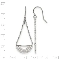 A pair of silver-toned dangle earrings with chain strands suspending a curved semi-circular pendant, displayed against a measurement scale.