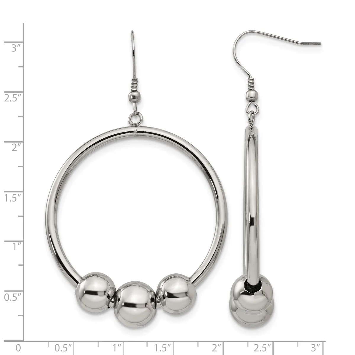 A pair of stainless steel earrings with a measurement scale: the left earring features a large hoop with three dangling spheres at the bottom, and the right earring is a single elongated sphere on a thin stem, both suspended from fishhook wires.