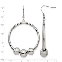 A pair of stainless steel earrings with a measurement scale: the left earring features a large hoop with three dangling spheres at the bottom, and the right earring is a single elongated sphere on a thin stem, both suspended from fishhook wires.