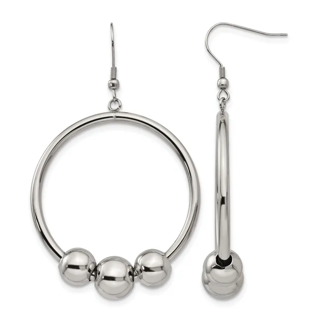 A pair of silver-toned dangle earrings with circular loops and three polished spheres attached at the bottom, shown front and side views.