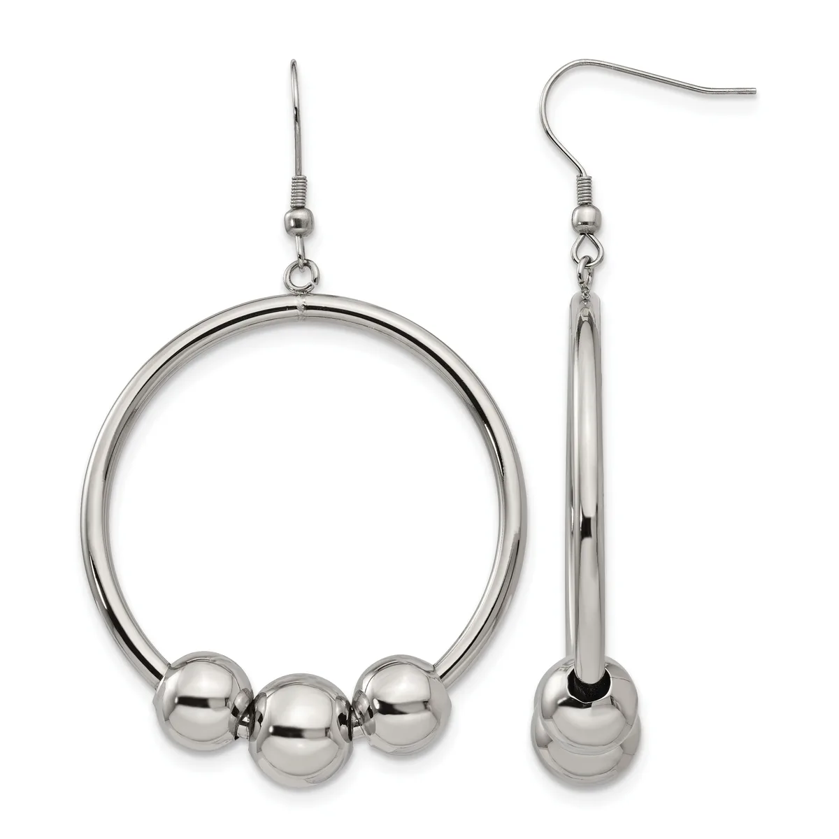 A pair of silver-toned dangle earrings with circular loops and three polished spheres attached at the bottom, shown front and side views.