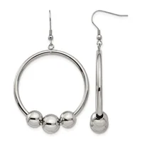 A pair of silver-toned dangle earrings with circular loops and three polished spheres attached at the bottom, shown front and side views.