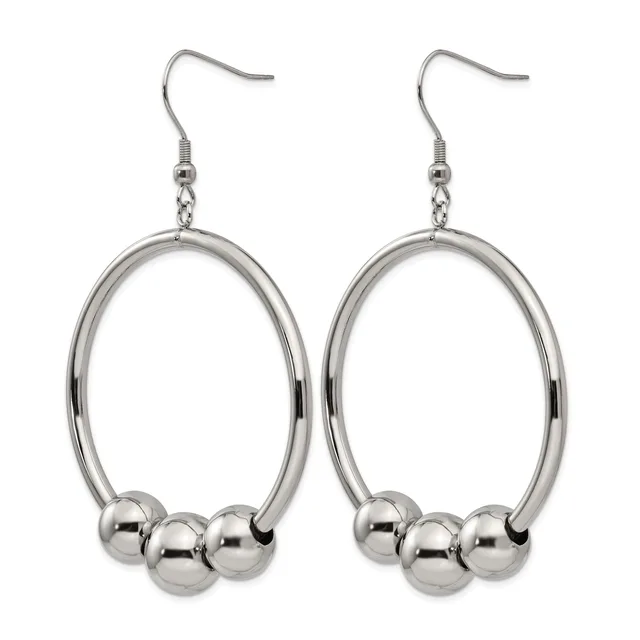A pair of silver-toned dangling earrings with oval loops and three small spherical beads hanging from each loop, displayed against a white background.