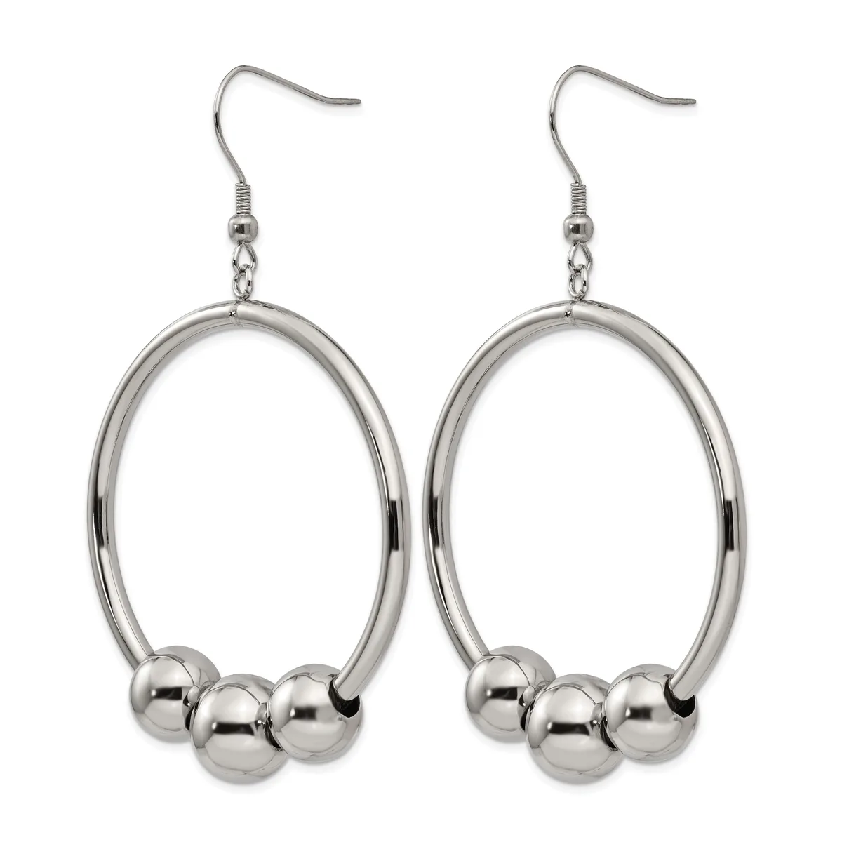 A pair of silver-toned dangling earrings with oval loops and three small spherical beads hanging from each loop, displayed against a white background.
