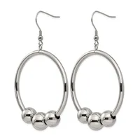 A pair of silver-toned dangling earrings with oval loops and three small spherical beads hanging from each loop, displayed against a white background.