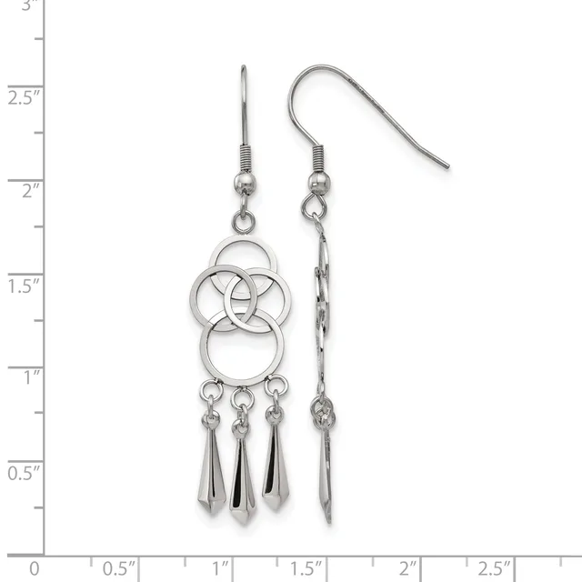 Pair of silver-toned dangle earrings with interlocking circle designs at the top and three teardrop pendants hanging below, displayed against a ruler showing measurements up to three inches.