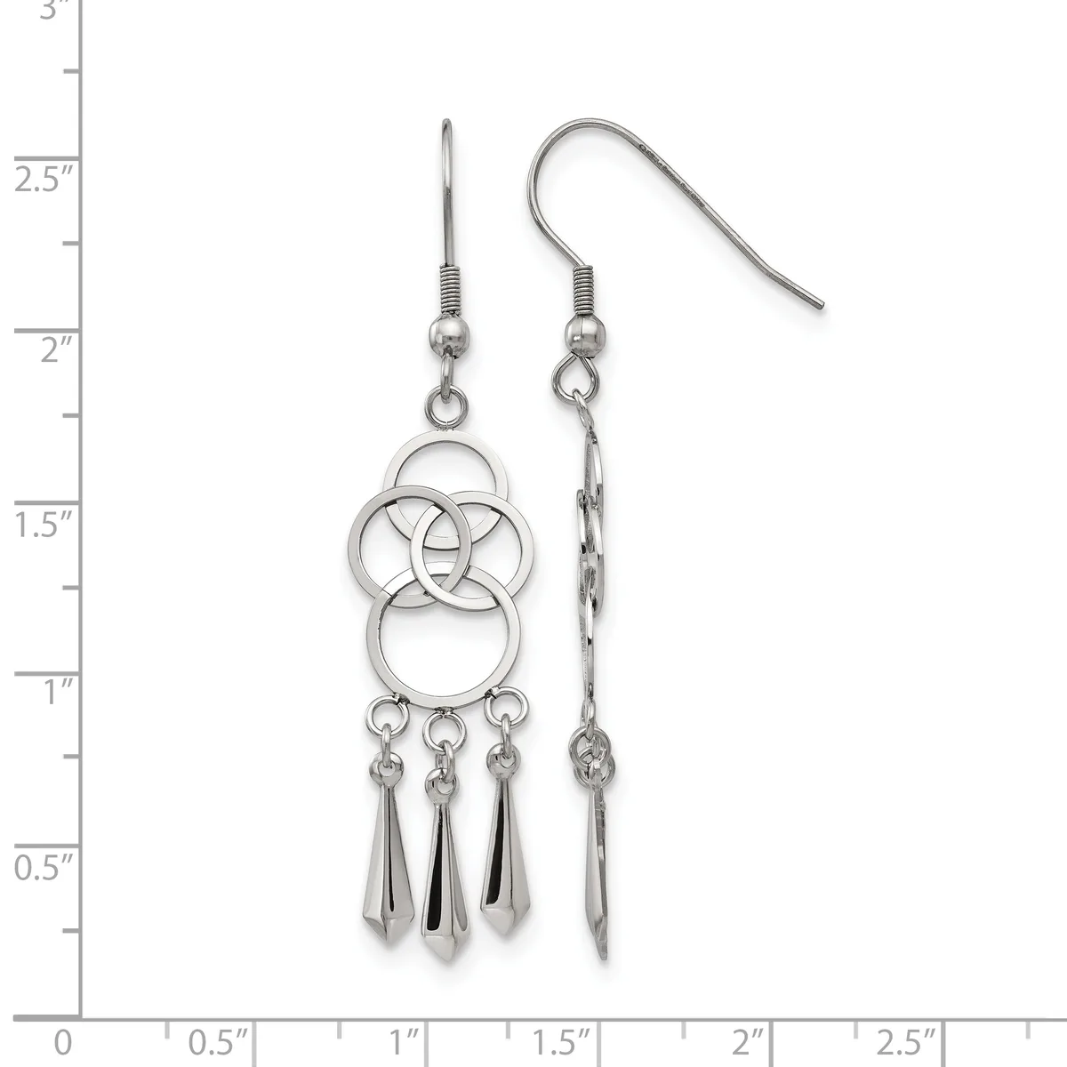 Pair of silver-toned dangle earrings with interlocking circle designs at the top and three teardrop pendants hanging below, displayed against a ruler showing measurements up to three inches.