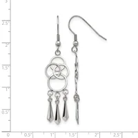 Pair of silver-toned dangle earrings with interlocking circle designs at the top and three teardrop pendants hanging below, displayed against a ruler showing measurements up to three inches.
