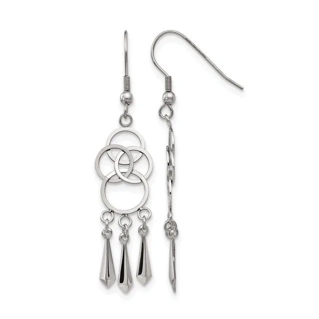 A pair of silver-toned dangle earrings featuring interlocking circular designs at the top with three teardrop-shaped drops hanging below each.