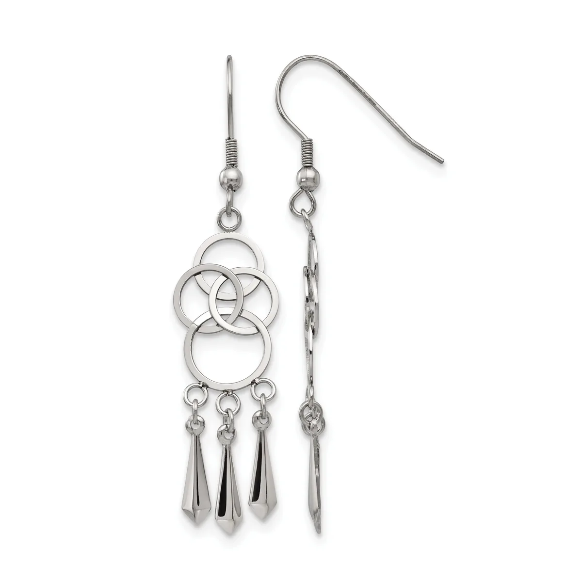 A pair of silver-toned dangle earrings featuring interlocking circular designs at the top with three teardrop-shaped drops hanging below each.